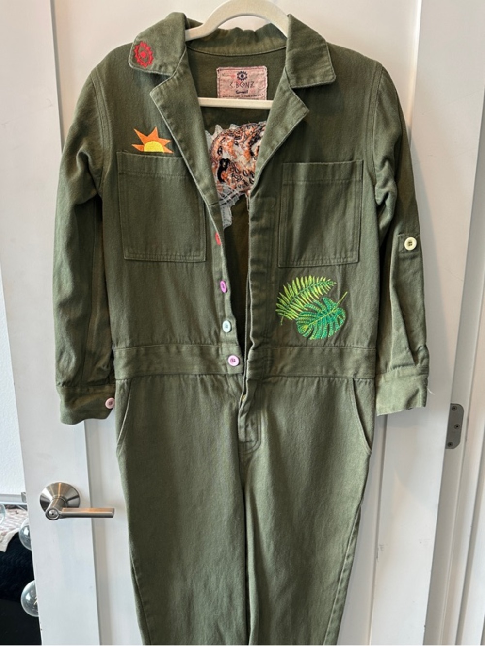 Olive Green Embroidered Utility Jumpsuit
